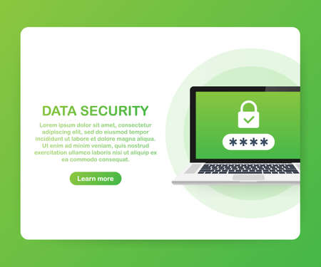Computer security concept. Laptop with shield and lock on table. Flat vector stock illustration.のイラスト素材