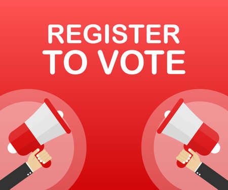 Megaphone Hand, business concept with text register to vote. Vector stock illustrationのイラスト素材