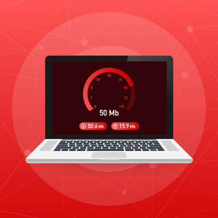 Speed test on laptop. Speedometer Internet Speed 50 mb. Website speed loading time. Vector stock illustration.のイラスト素材