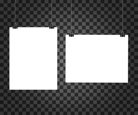 White posters hanging on binder. Grey wall with mock up empty paper blank. Vector stock illustration.のイラスト素材