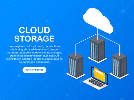 Data protection cloud storage design flat concept. Online storage sign symbol icon. Storage and cloud, cloud computing. Vector stock illustration.のイラスト素材
