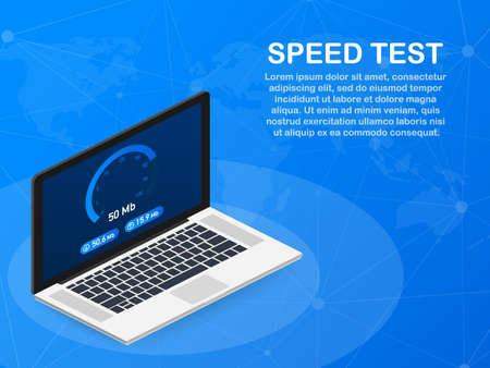 Speed test on laptop. Speedometer Internet Speed 100 mb. Website speed loading time. Vector stock illustration.のイラスト素材