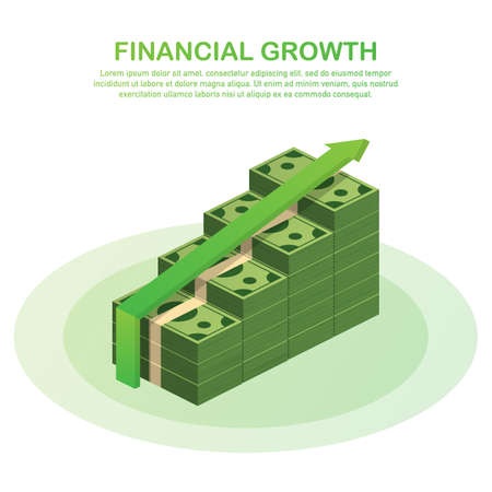 Profit or financial growth concept. A stack of money up arrow. Profit graph in flat style. Vector stock illustration.のイラスト素材