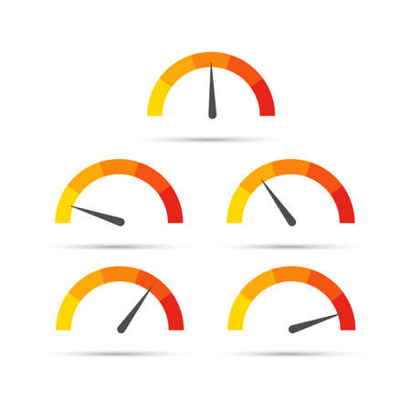 Round temperature gauge, isolated on white background. Colored measuring semicircle scale in flat style. Vector stock illustration.のイラスト素材