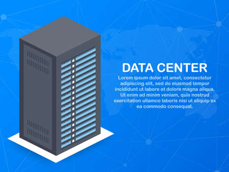 Data center. Mainframe service concept banner, server rack. Server room concept, data bank center. Vector stock illustration.のイラスト素材