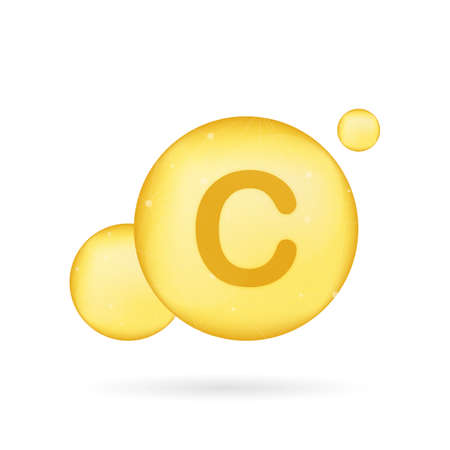 Vitamin C gold shining icon. Ascorbic acid. Vector stock illustrationのイラスト素材
