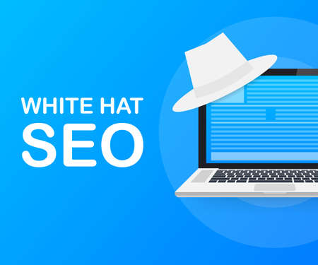 White hat seo banner. Magnifier, and other search engine optimization tools and tactics. Vector stock illustration.のイラスト素材