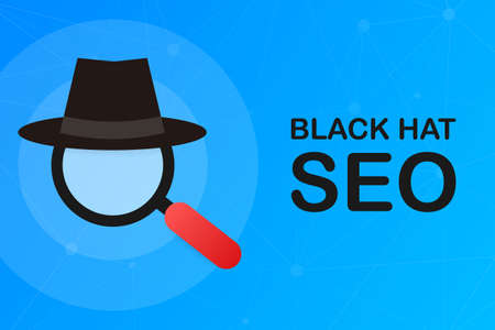 Black hat seo banner. Magnifier, and other search engine optimization tools and tactics. Vector stock illustration.のイラスト素材