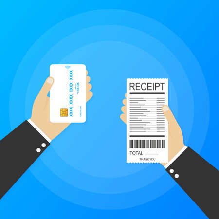 Hand holding receipt and hand holding credit card. Cashless payment concept. Vector stock illustration.のイラスト素材