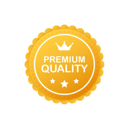 Gold premium quality rosette with red ribbon on white background. Vector stock illustration.のイラスト素材