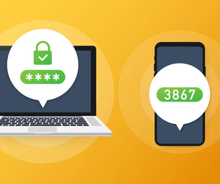 Two step authentication vector illustration, flat cartoon smartphone and computer safety login or sign in. Vector stock illustration.のイラスト素材