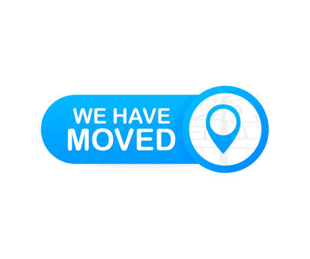 We have moved. Moving office sign. Clipart image isolated on blue background. Vector stock illustration.のイラスト素材