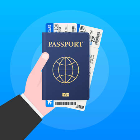 Passport for travel and tourism.  Passport in hand. Man holds in his hand the document. Vector stock illustration.のイラスト素材