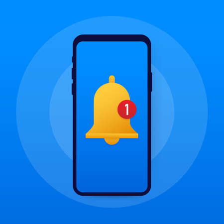 Smartphone with notifications bell icon. New notification on smartphone screen. Vector stock illustration.のイラスト素材