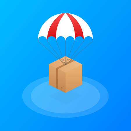 Web banner for Delivery Services and E-Commerce. Packages are flying on parachutes. Vector stock illustration.のイラスト素材