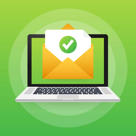Opened envelope and document with green check mark. Verification email. Vector stock illustration.のイラスト素材