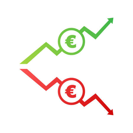 Up and Down arrows with Euro sign in flat icon design on white background. Vector stock illustration.のイラスト素材