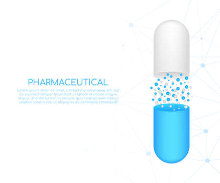 Capsule pill. Small balls pouring from an open medical capsule. Vector stock illustration.のイラスト素材
