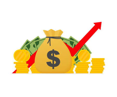 Profit money or budget. Cash and rising graph arrow up, concept of business success.  Capital earnings, benefit. Vector stock illustration.のイラスト素材