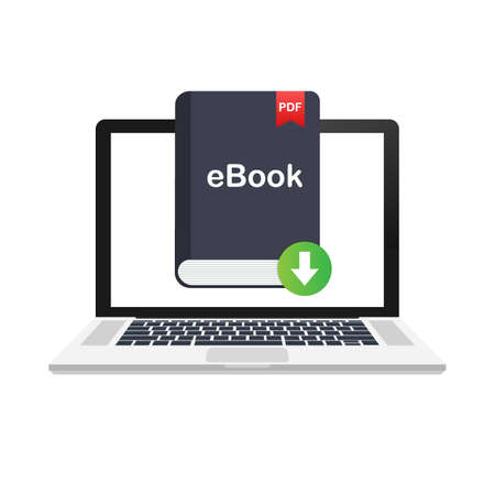 Download book. E-book marketing, content marketing, ebook download on laptop. Vector stock illustration.のイラスト素材