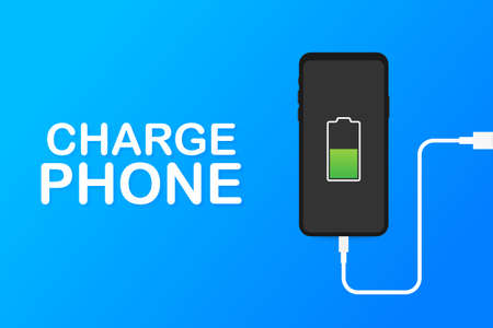 Smartphone charger adapter and electric socket, low battery notification. Vector stock illustration.のイラスト素材