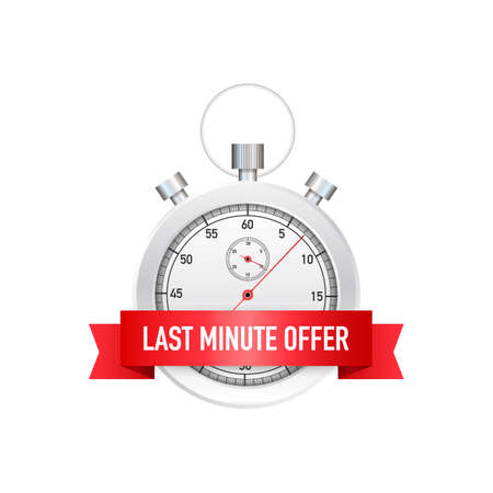 last minute offer button sign, alarm clock countdown. Vector stock illustration.