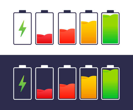 Discharged and fully charged battery smartphone. Set of battery charge level indicators. Vector stock illustration.のイラスト素材