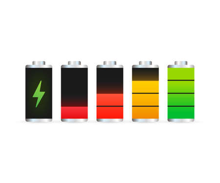 Discharged and fully charged battery smartphone. Set of battery charge level indicators. Vector stock illustration.のイラスト素材