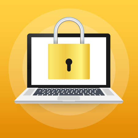 Laptop and lock. Computer security, privacy, password protection concept. Vector stock illustration.