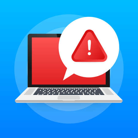 Alert message laptop notification. Danger error alerts, laptop virus problem or insecure messaging spam problems notifications. Vector stock illustration.のイラスト素材