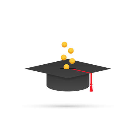 Investment in education. Scholarship. Books. Graduate's cap on stack golden coin. Vector stock illustration.のイラスト素材