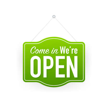 Come in were open hanging sign on white background. Sign for door. Vector stock illustration.のイラスト素材