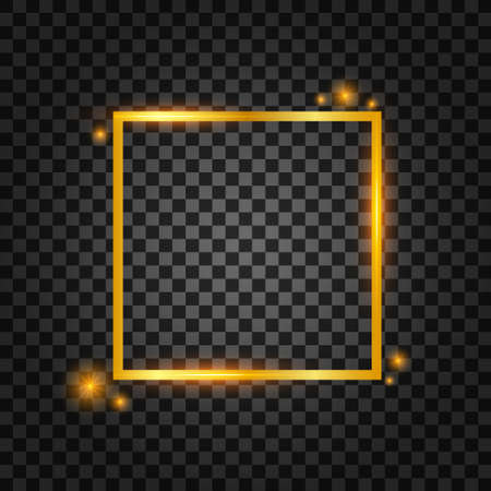 Vector golden frame with lights effects. Rectangle banner. Glowing magic frame. Vector illustrtaion.のイラスト素材