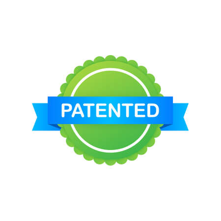 Green patented label on blue ribbon on white background. Vector illustration.のイラスト素材