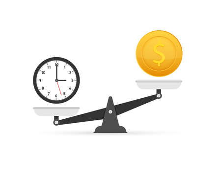 Time is money on scales icon. Money and time balance on scale. Vector illustration.のイラスト素材
