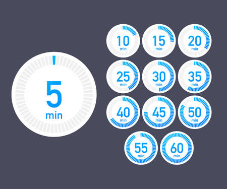 Set of timers. Sign icon. Full rotation arrow timer. Colored flat icons. Set of 12 timer icons. Flat Design Vector stock Illustrationのイラスト素材