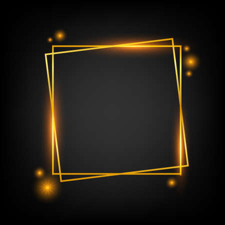 Vector golden frame with lights effects. Rectangle banner. Glowing magic frame. Vector stock illustration.のイラスト素材