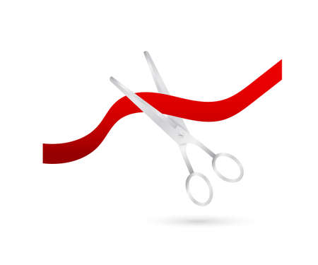 Vector silver scissors cutting red ribbon. Vector stock illustrationのイラスト素材