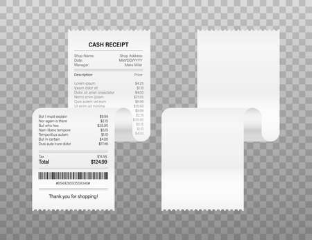 Receipts vector illustration of realistic payment paper bills for cash or credit card transaction. Vector stock illustration.のイラスト素材