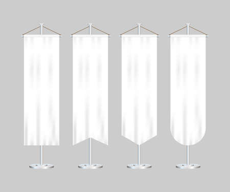 Signal white long sport advertising pennants banners samples on pole stand support pedestal realistic set. Vector illustrationのイラスト素材