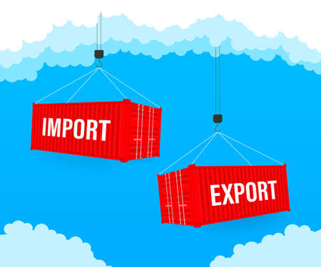 Port crane lift two red cargo containers with import and export words. Vector stock illustrationのイラスト素材