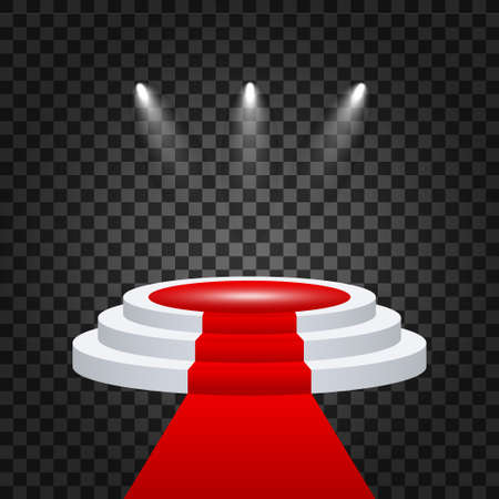Stage for awards ceremony. Podium with red carpet. Pedestal. Spotlight. Vector illustrationのイラスト素材