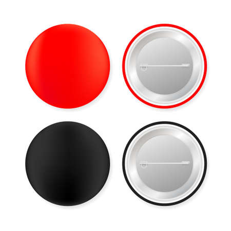 Pin badges. Red and black round blank button. Souvenir magnet badging mockup. Vector stock...