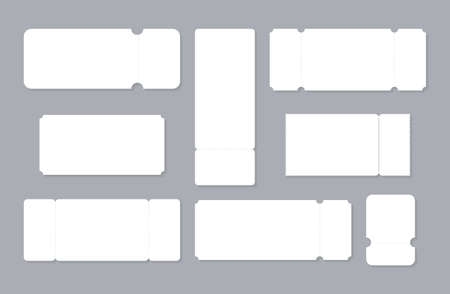 Set of blank ticket mockup template. Realistic White paper coupon isolated on grey background. Vector stock illustration.のイラスト素材