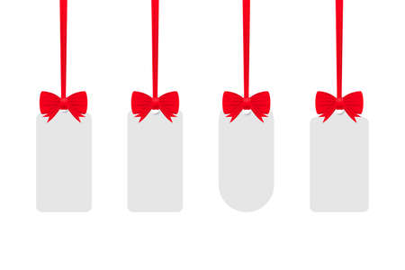 White tags isolated on white background with red ribbon. Vector stock illustration.のイラスト素材