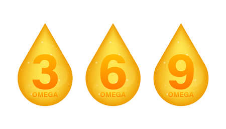 Omega 3, 6, 9, gold icon. Vitamin drop pill capsule. Shining golden essence droplet. Vector illustration.のイラスト素材