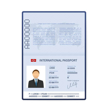 Blank open passport template. International passport with sample personal data page. Vector stock illustrationのイラスト素材