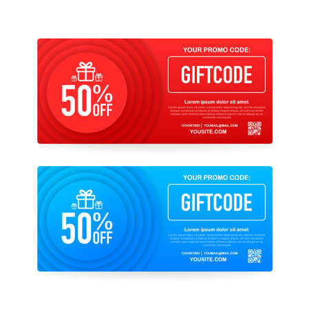 Template red and blue gift card. Promo code. Gift Voucher with Coupon Code. stock illustrationのイラスト素材