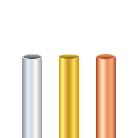 Pipe set. Steel, copper, gold Tubes. Steel or Aluminum, pipes of different diameters. Vector stock illustration.のイラスト素材