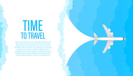Time to travel. White airplane on a blue background in profile, banner, isolated. White airplane on a blue background in profile, banner, isolated. Vector stock illustration.のイラスト素材